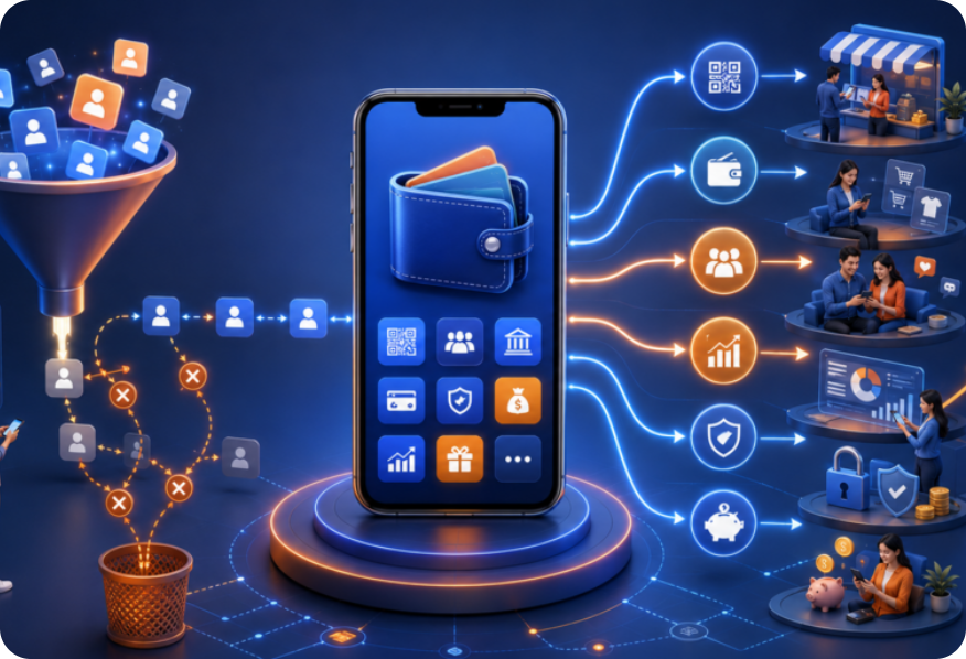 Illustration of a digital wallet connected to merchant, agent and consumer touchpoints.