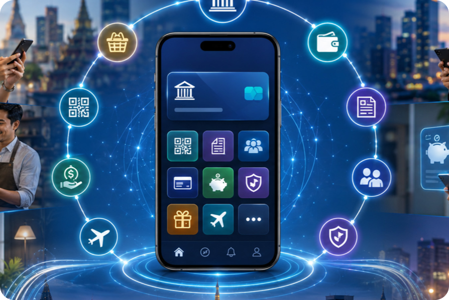 Illustration of a SuperApp surrounded by a ring of service icons.