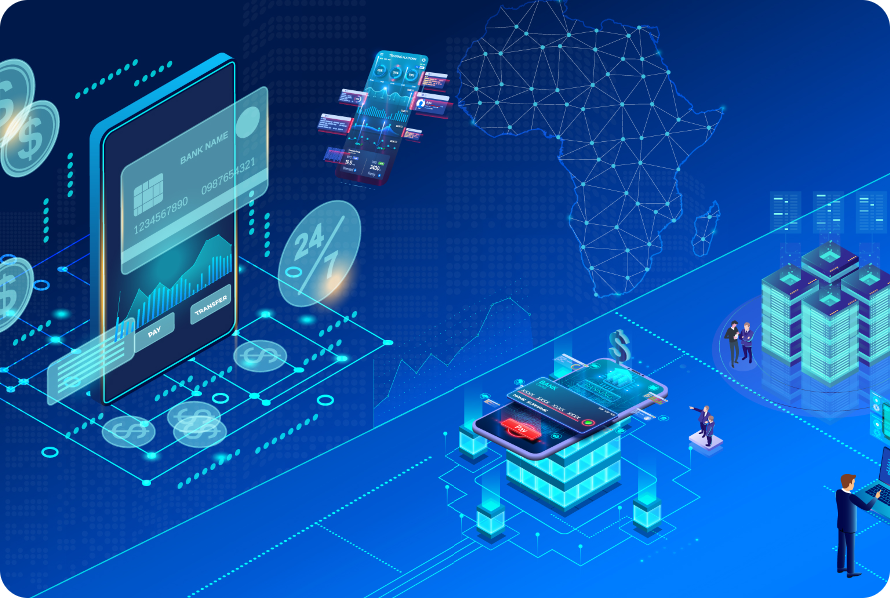 Isometric illustration of digital banking infrastructure across a network.
